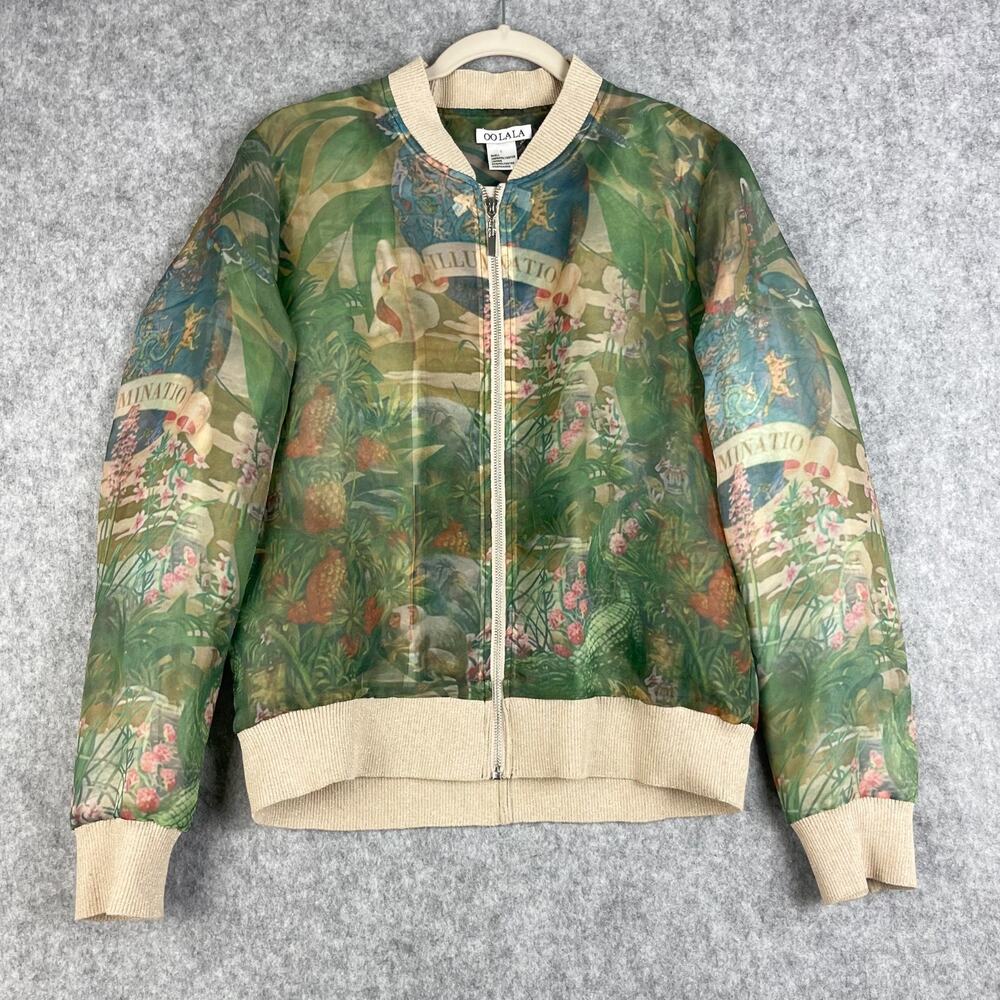OO LA LA Bomber Jacket Womens XL Botanical Floral Print Full Zip Sheer Whimsy